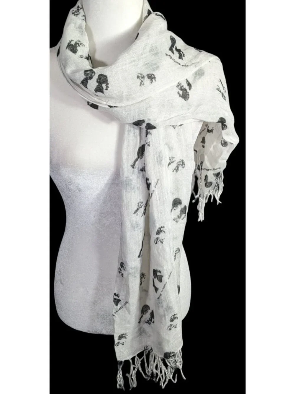 Boy Meets Girl Lightweight White Scarf With Black Silhouette Print & Fringe - Picture 1 of 8